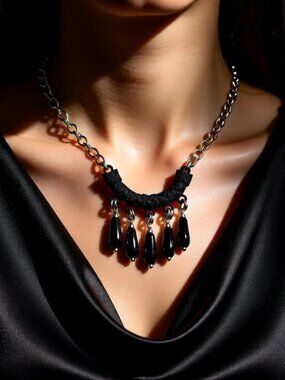 Handmade! Hand Painted! Delicate Black Agate Drops & Embossed Necklace Focal 22"